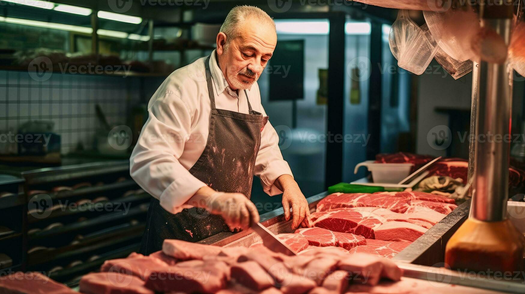 ein Metzger Schneiden Fleisch generativ ai foto