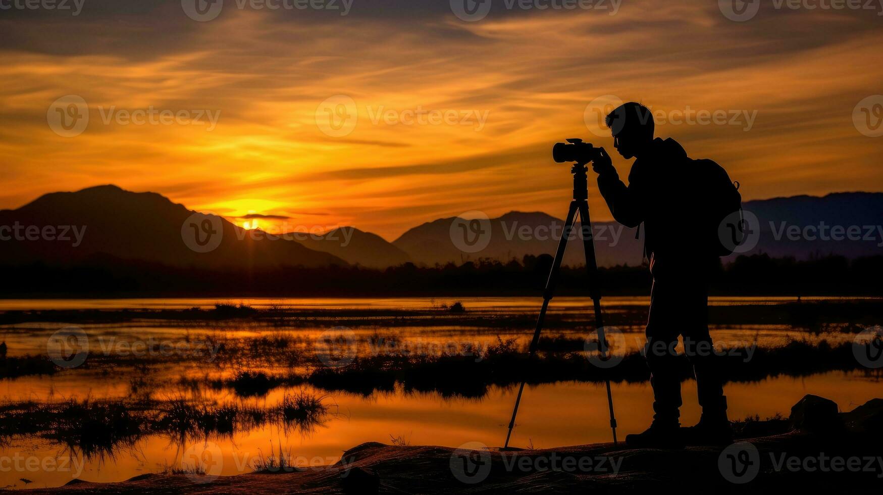 Fotograf nehmen ein Sonnenuntergang Sicht. generativ ai foto