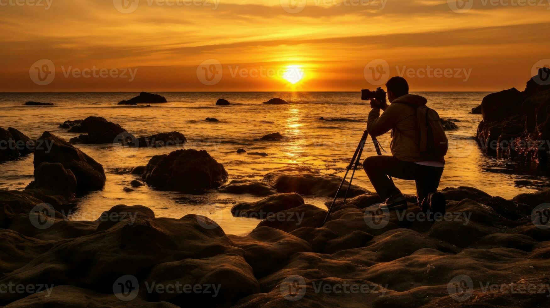 Fotograf nehmen ein Sonnenuntergang Sicht. generativ ai foto