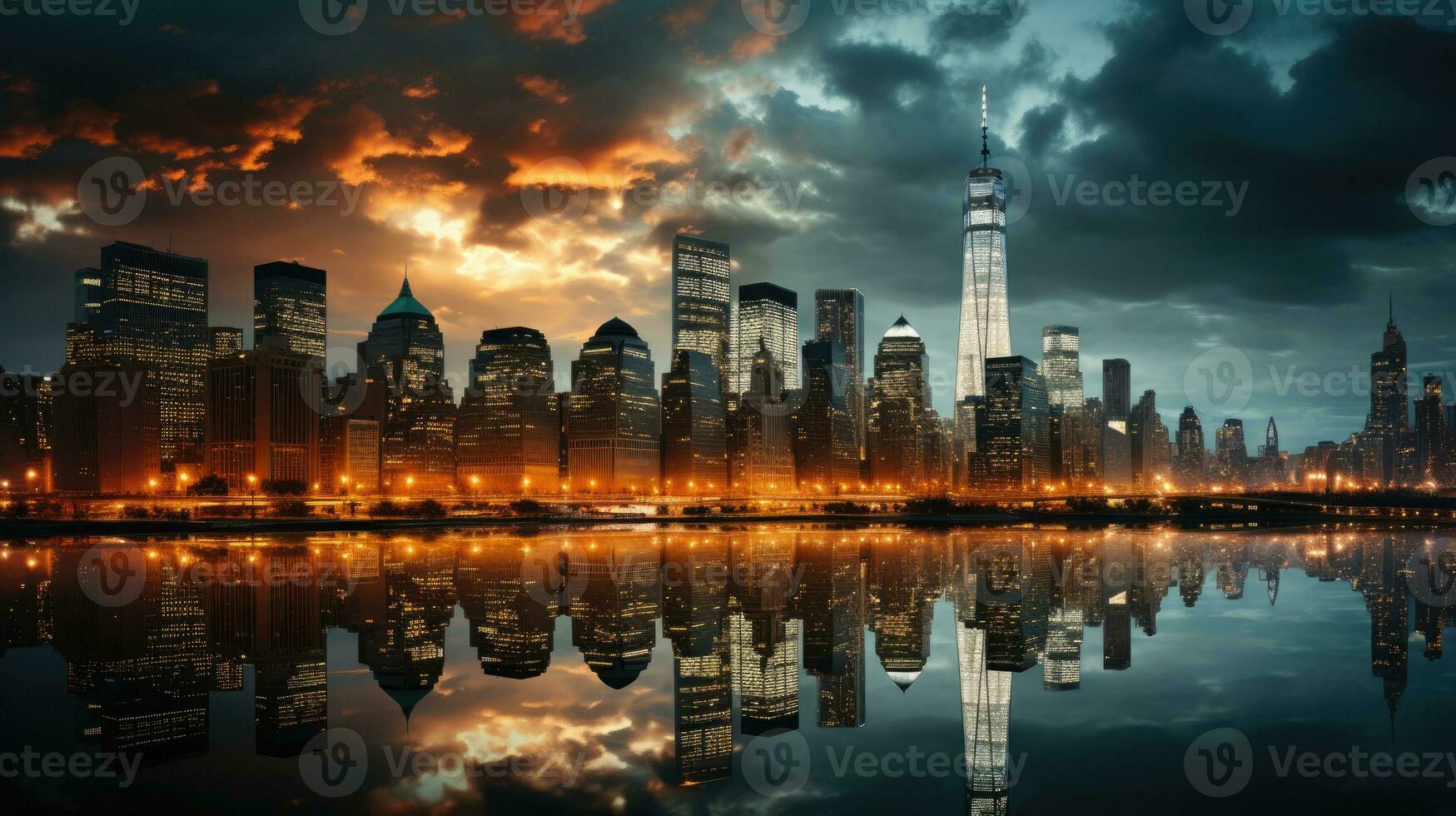 ein Stadt Horizont mit ein Gruppe von beleuchtet Wolkenkratzer beim Nacht.. generativ ai foto