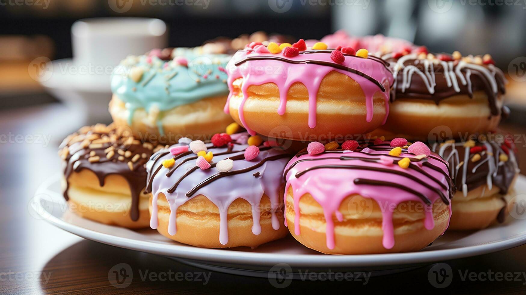 bunt Donuts auf ein Platte. generativ ai foto