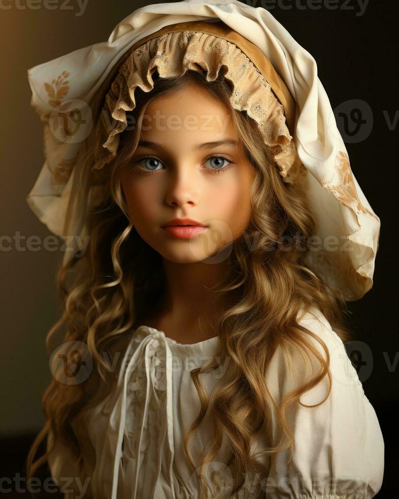 Kind im ein viktorianisches Zeitalter Kleid mit ein Motorhaube.. generativ ai foto