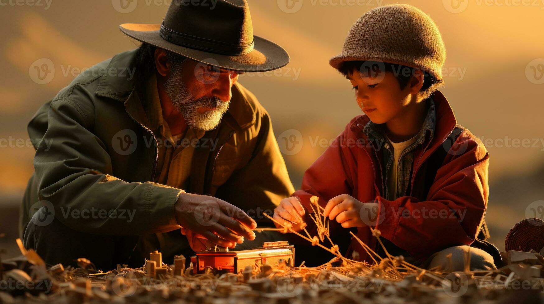 Vater und Sohn verbringen Zeit im das Felder. generativ ai foto