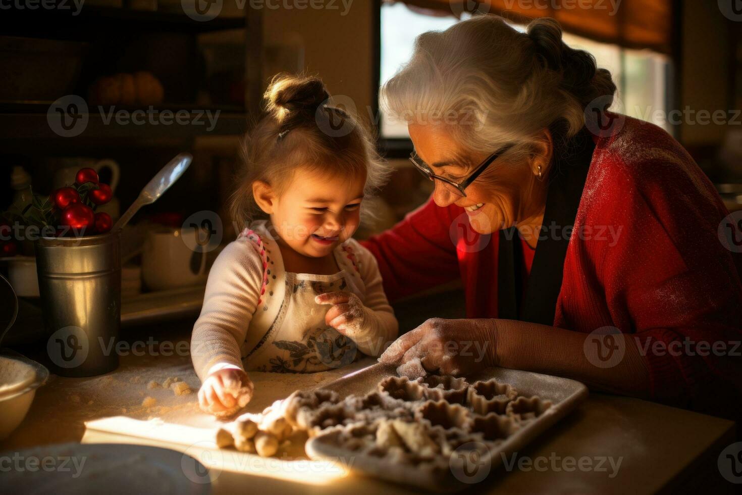 ein wenig Mädchen haben Spaß im das Küche mit ihr Oma. generativ ai foto