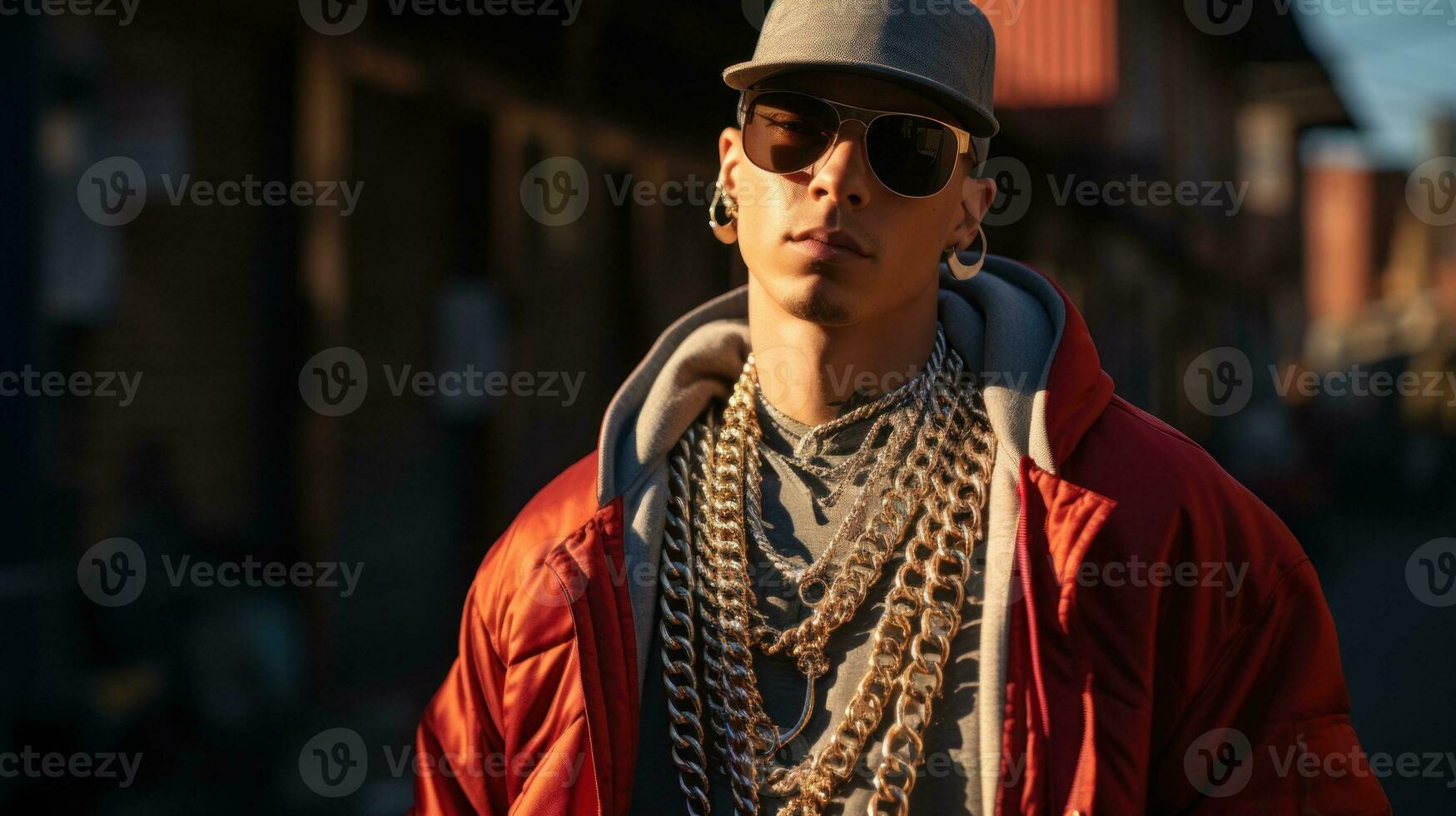 Rapper im übergroß Gold Ketten und ein Baseball Jersey.. generativ ai foto
