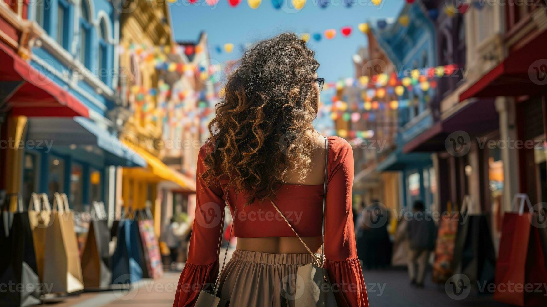 attraktiv Frau Gehen Nieder das Straße mit Einkaufen Tasche. generativ ai foto