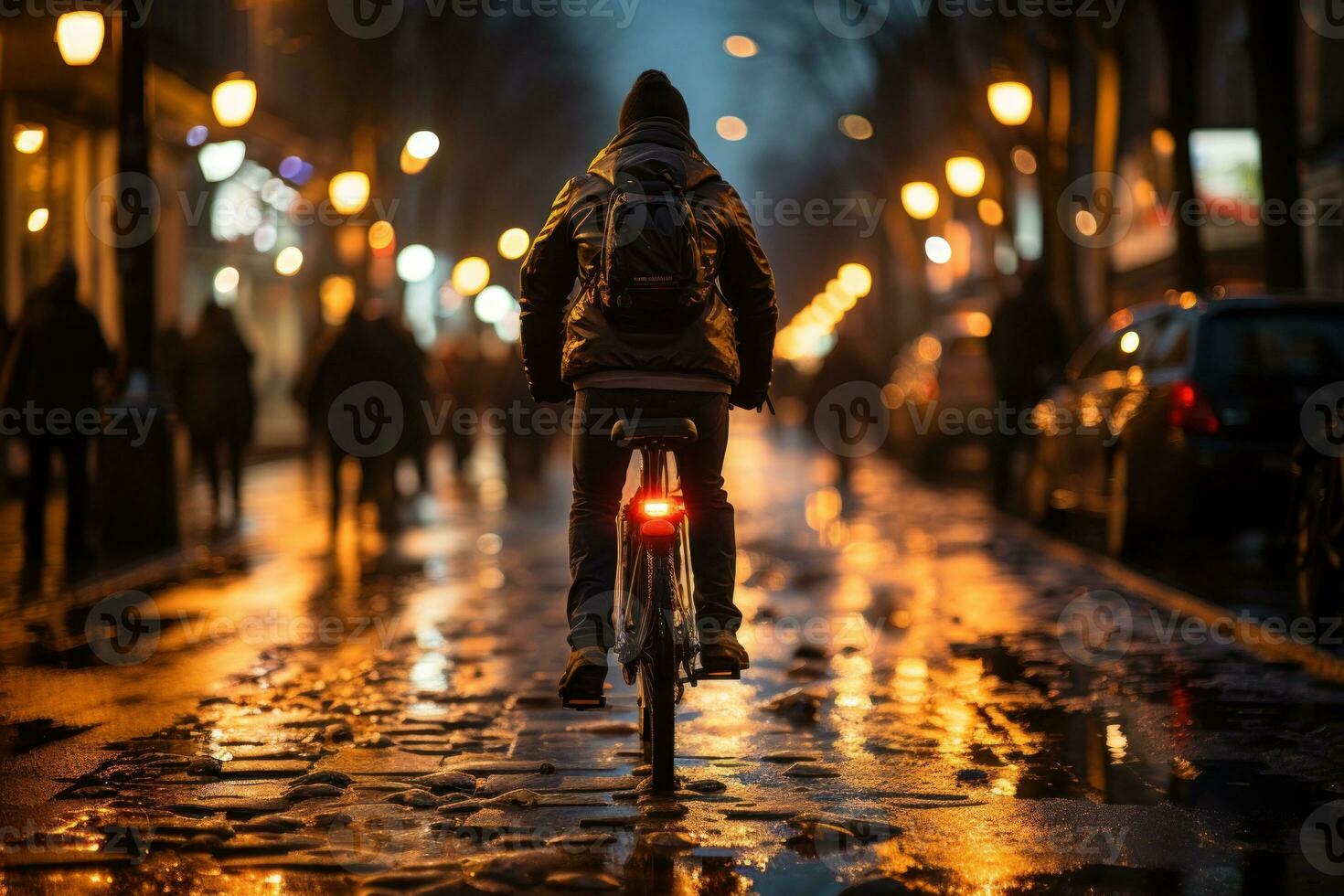 ein Mann Reiten ein Fahrrad auf ein regnerisch Abend Straße. generativ ai foto