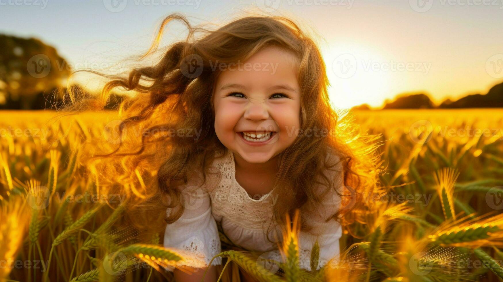 ein Lachen wenig Mädchen im ein Weizen Feld.. generativ ai foto