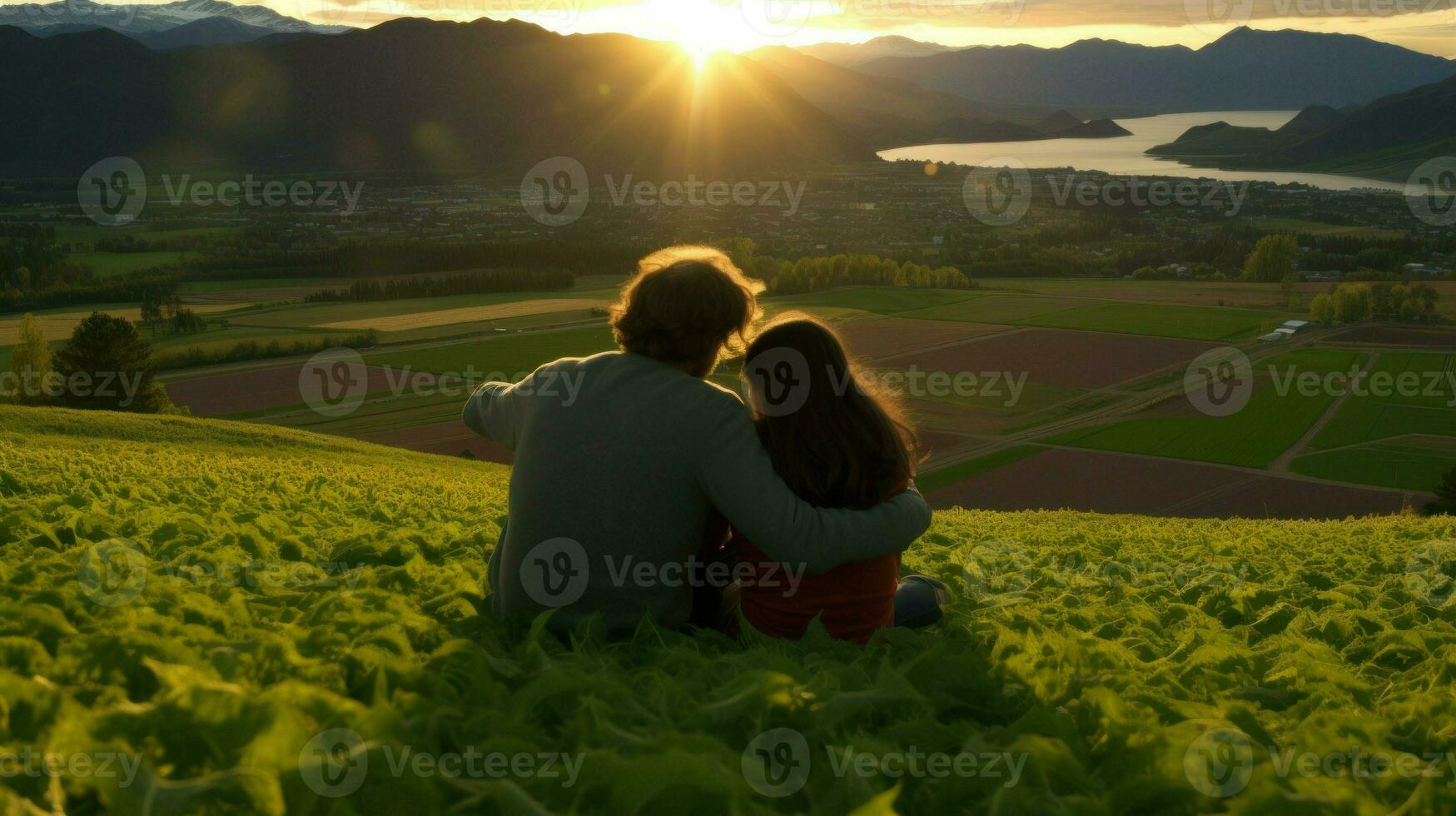 ein Paar Sitzung auf ein hügel, mit Blick auf ein friedlich Landschaft.. generativ ai foto