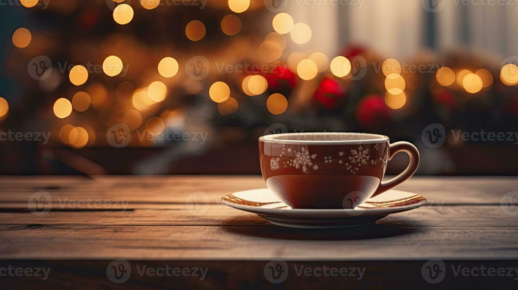 ai generativ Tasse von Kaffee auf hölzern Tabelle im Vorderseite von Weihnachten Baum. Raum zum Text. Weihnachten Hintergrund. Bokeh Beleuchtung. foto