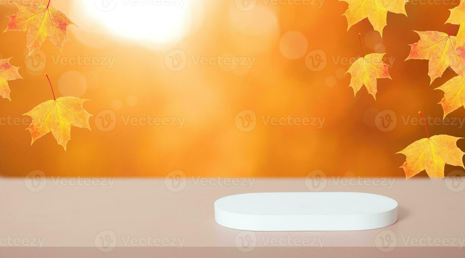 Weiß Podium und rot orange Ahorn Blätter Herbst fallen Hintergrund mit Bokeh. spotten oben zum Produkte. foto
