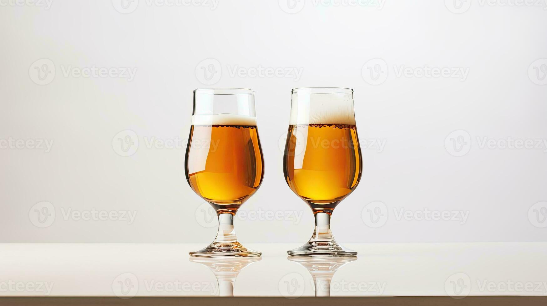 zwei Brille von Bier auf ein Weiß Tabelle mit ein Weiß Hintergrund. ai generativ foto