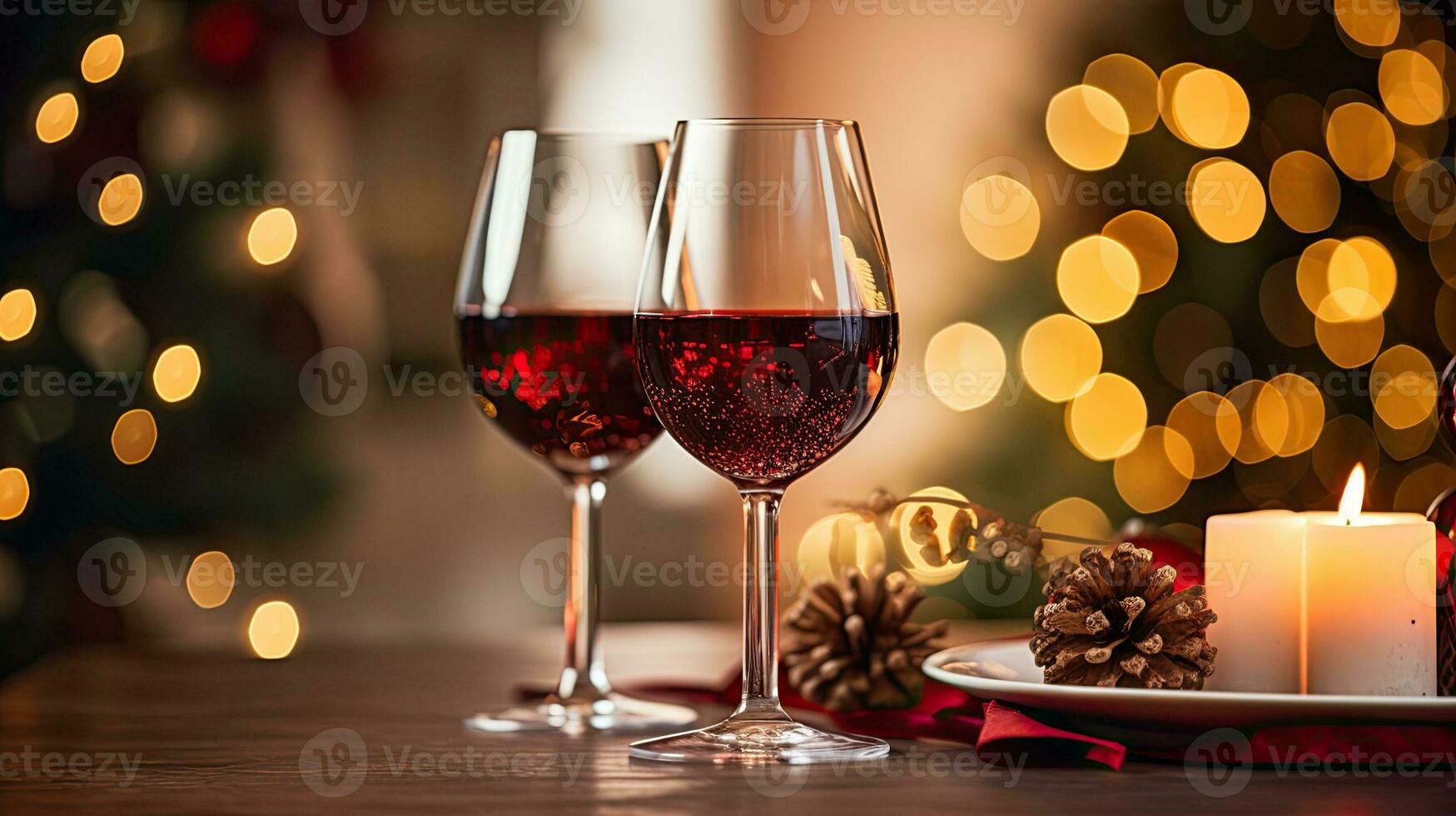 ai generativ zwei Brille von rot Wein mit Weihnachten Dekoration auf Bokeh Hintergrund foto