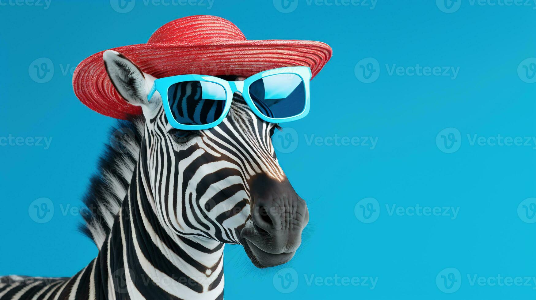 ein Zebra im Blau Sonnenbrille und rot Hut auf Blau Hintergrund. Kopieren Raum. ai generativ foto