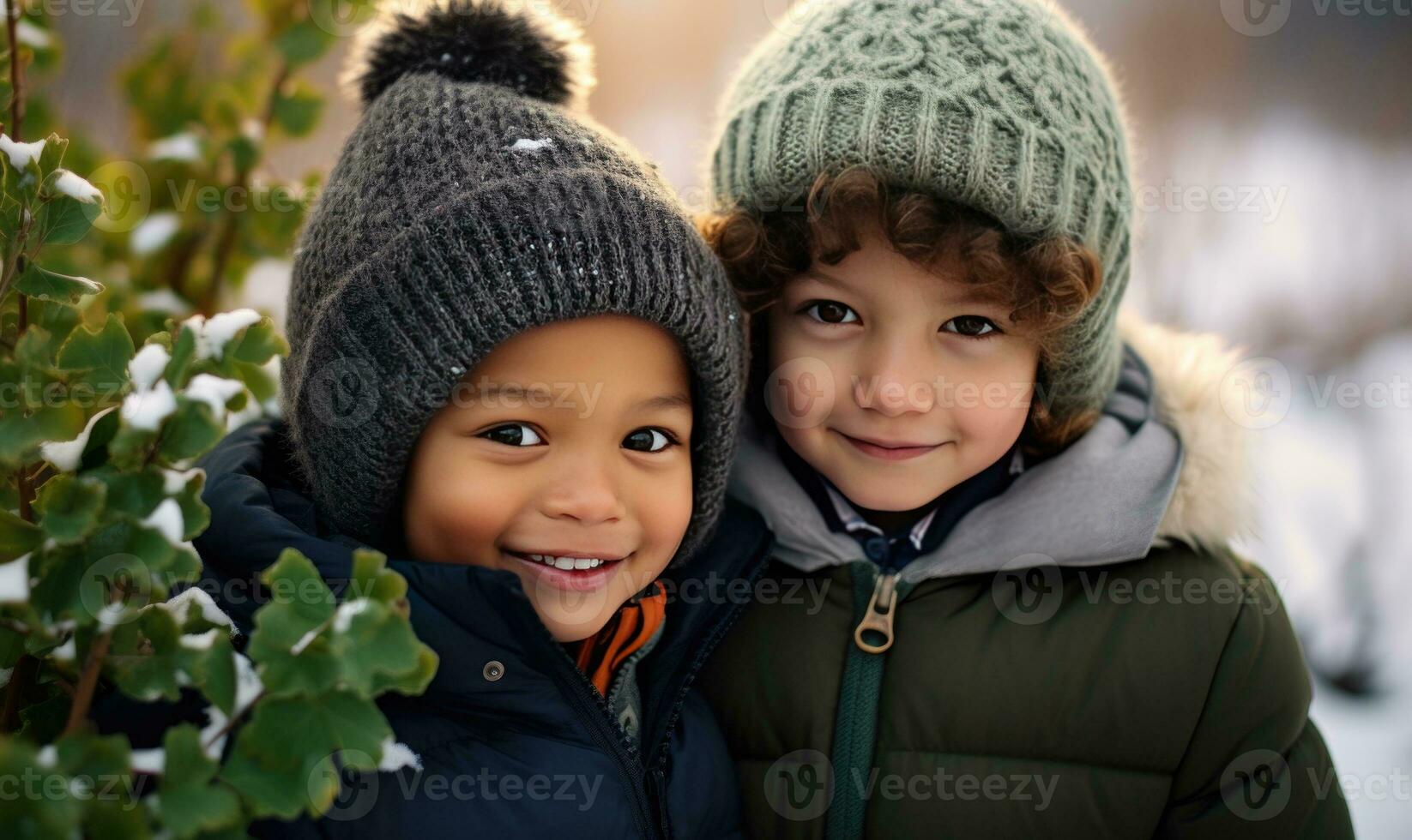 zwei Kinder lächelnd zusammen. Winter Jahreszeit. Sonnenuntergang Licht. ai generiert foto