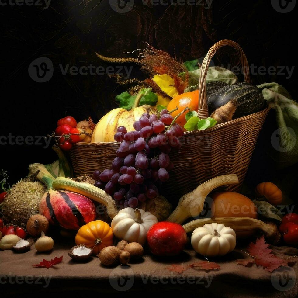 ai generativ Herbst immer noch Leben mit Kürbisse, Beeren und Blätter auf hölzern Hintergrund foto