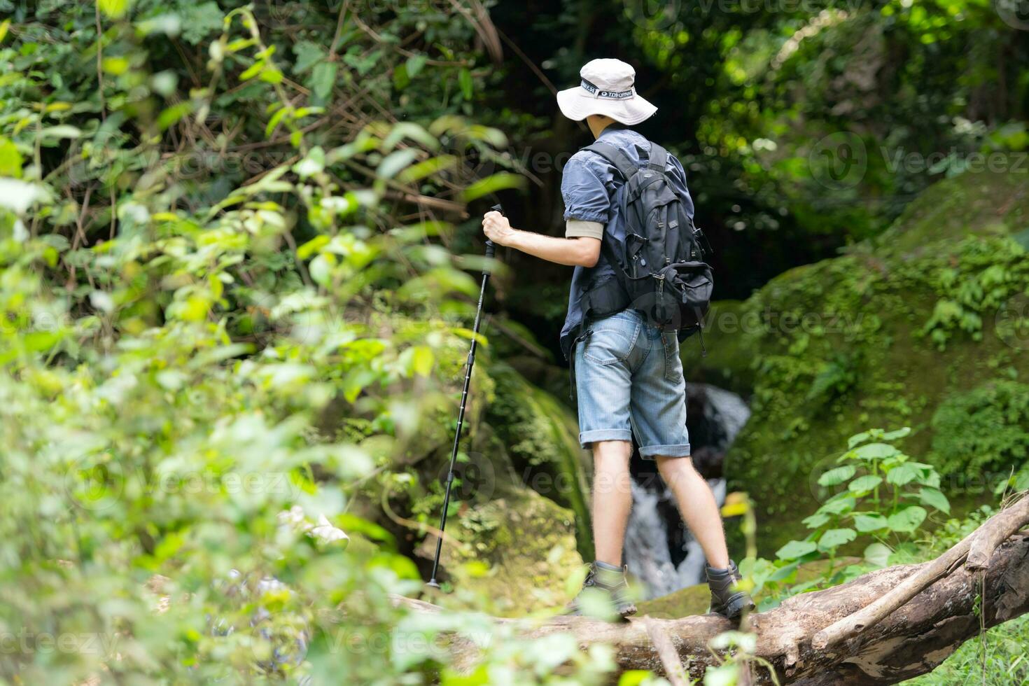 jung Mann Reisender Sitzung auf ein gefallen Baum und suchen beim das Kompass im Hand. foto