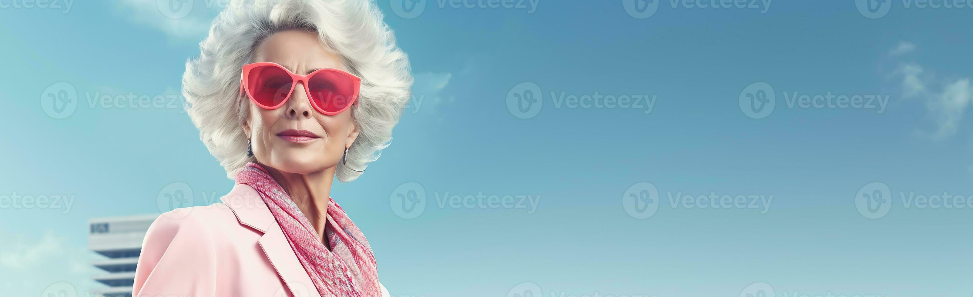 55 Jahre alt Geschäft Frau mit grau Haar gegen das Himmel Stadt Banner Hintergrund. ai generativ foto