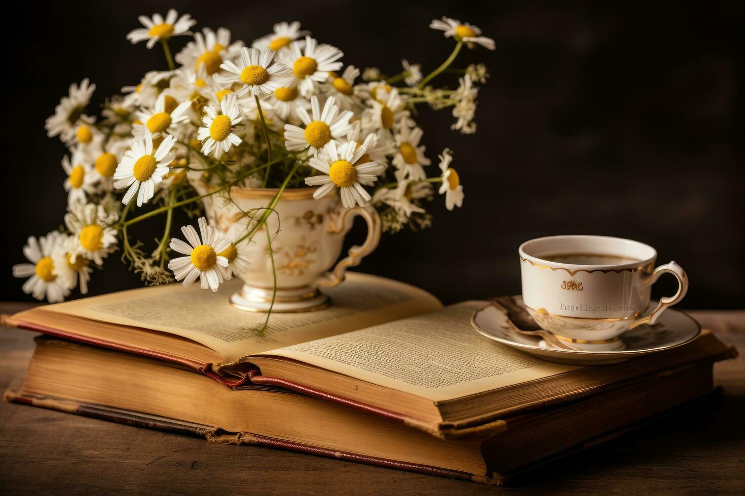 Tasse von Kaffee, Buch und Kamille Blumen auf hölzern Tisch, schön Komposition mit Kamille Blumen im Tasse, alt Buch, ai generiert foto