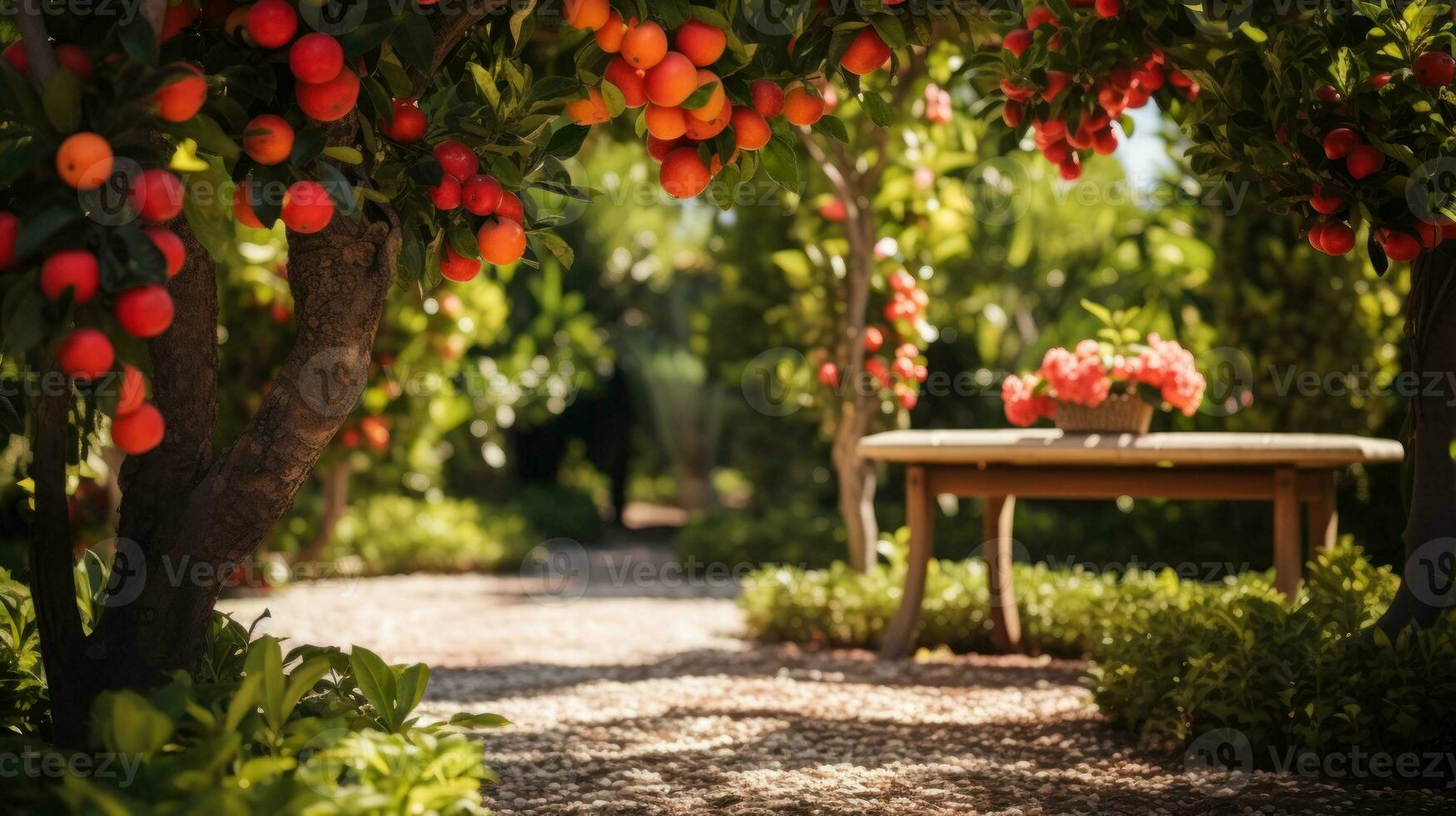 Apfel Obstgarten mit ein Bank generativ ai foto