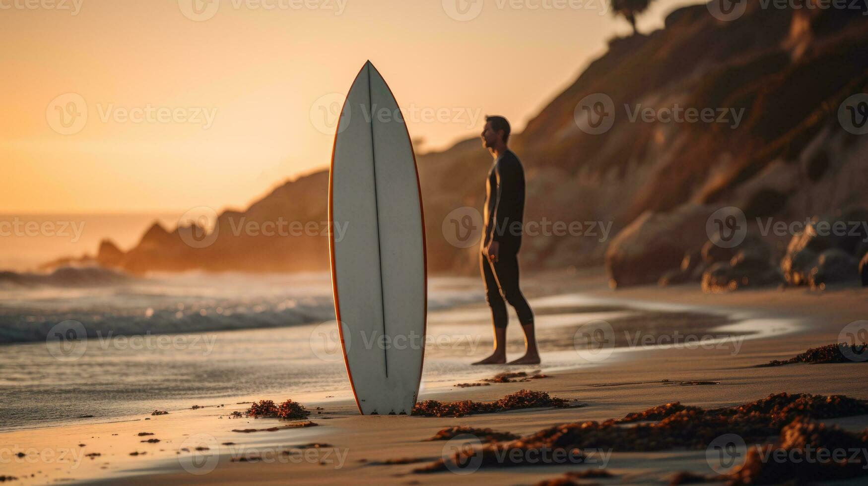 Surfer und Tafel auf das Abend Strand generativ ai foto