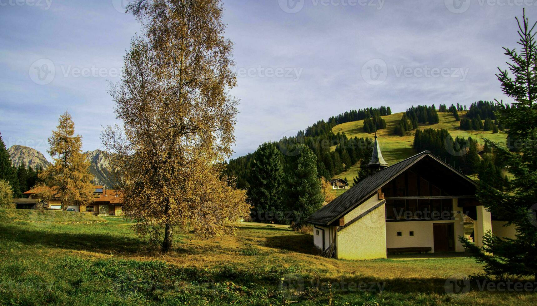 ein klein Haus mit ein Scheune im das Hintergrund foto