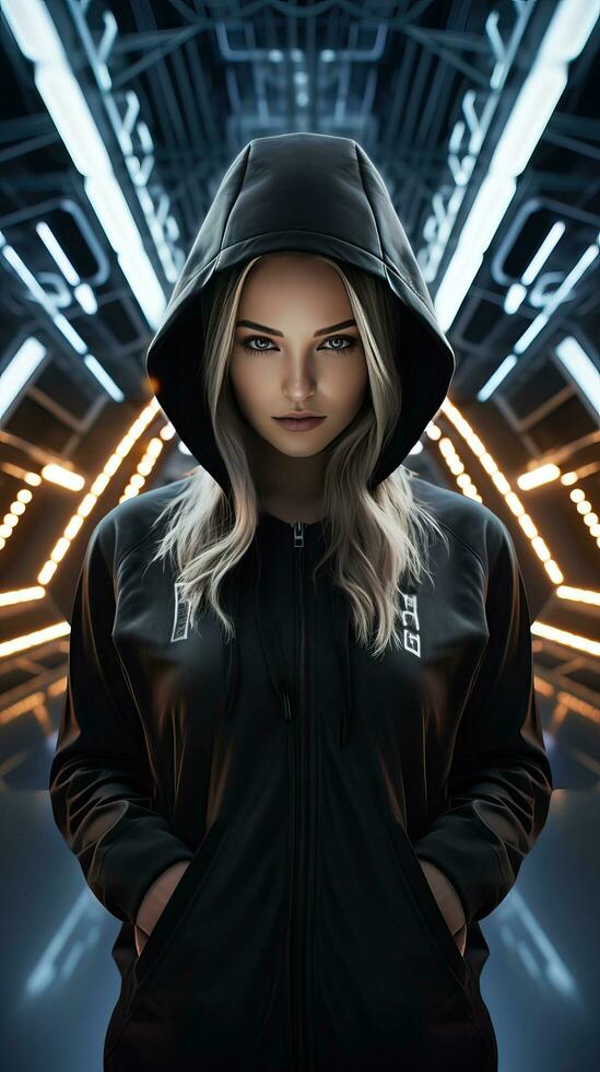 jung Mädchen tragen schwarz Kapuzenpullover mit Cyberpunk Stil. generativ ai foto