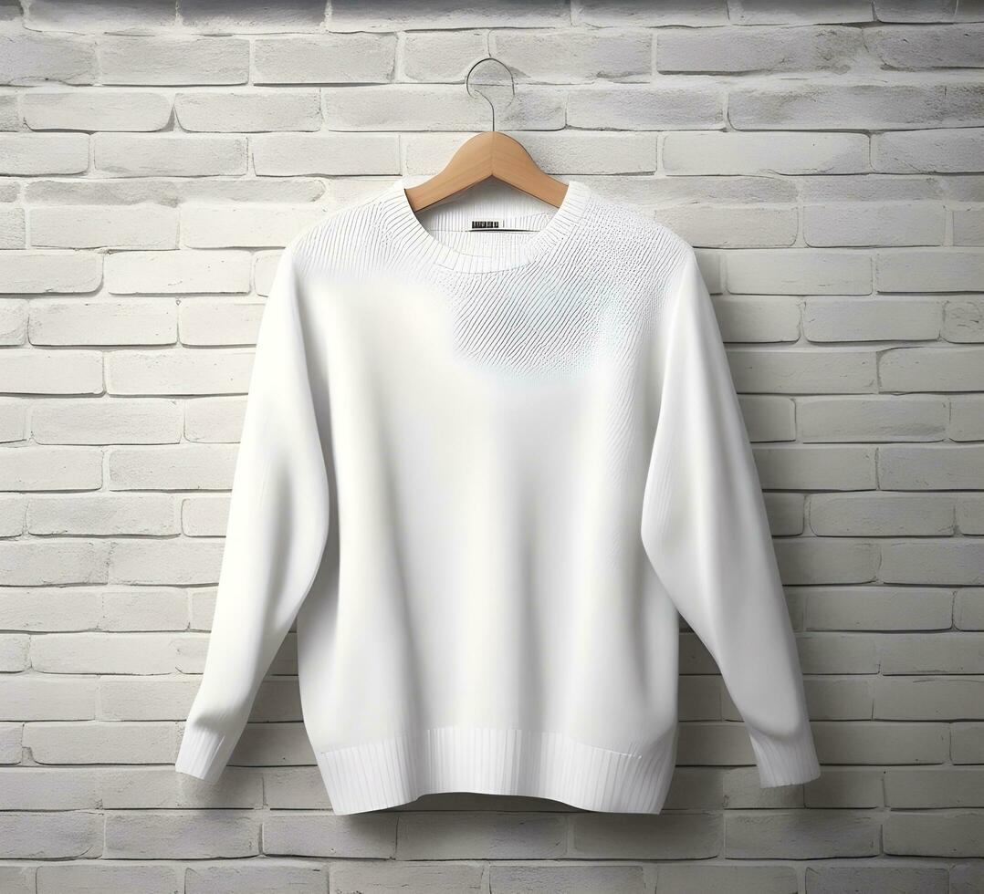 Weiß Sweatshirt Attrappe, Lehrmodell, Simulation mit Backstein Hintergrund ai generieren foto