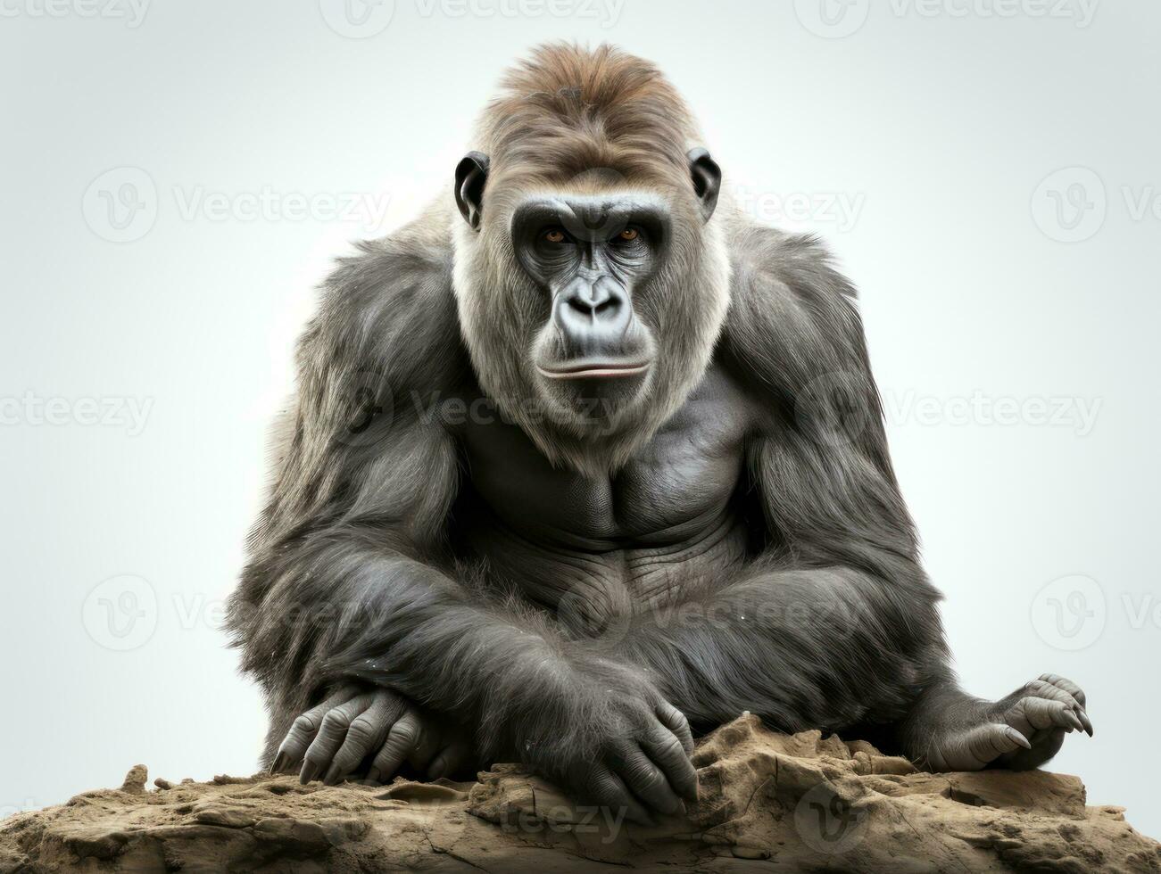 Porträt von ein Western Flachland Gorilla Sitzung auf das Felsen. ai generativ foto