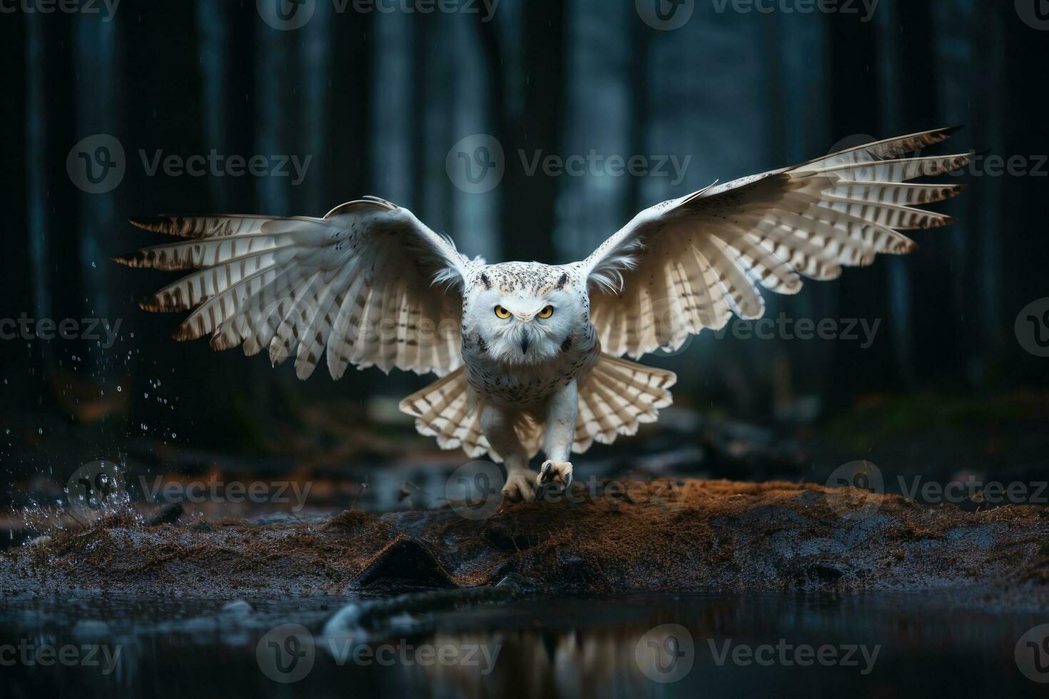 großartig gehörnt Eule Bubo Virginianus fliegend im Wald. ai generativ foto