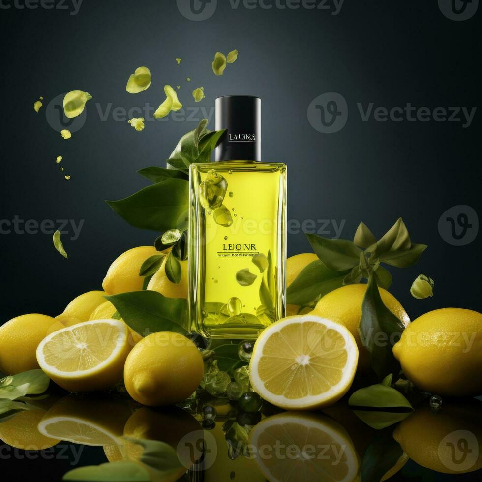Zitrone Öl im ein Flasche mit frisch Zitronen auf ein dunkel Hintergrund. Zitrone Köln Konzept. ai generativ foto