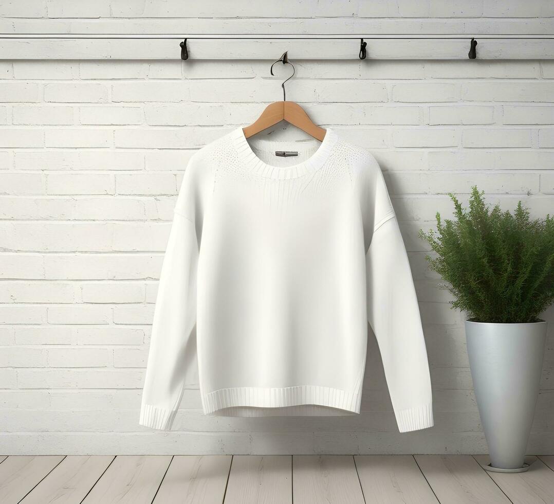 Weiß Sweatshirt Attrappe, Lehrmodell, Simulation mit Backstein Hintergrund ai generieren foto