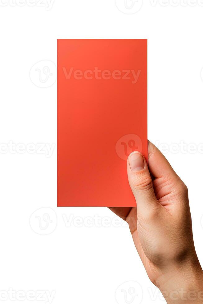 ein Mensch Hand halten ein leer Blatt von rot Papier oder Karte isoliert auf Weiß Hintergrund. ai generiert foto