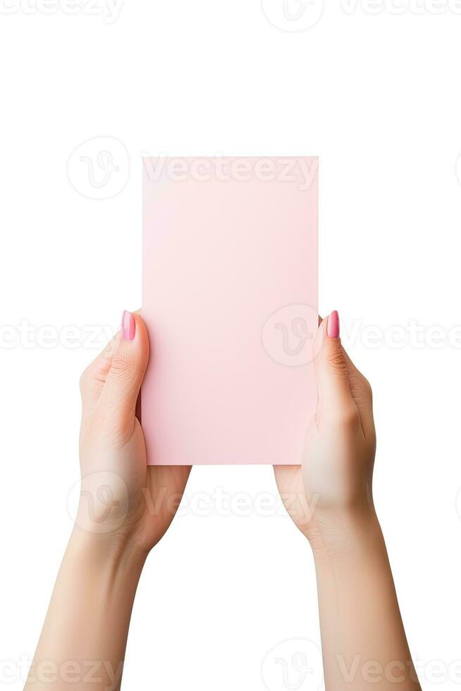 ein Mensch Hand halten ein leer Blatt von Rosa Papier oder Karte isoliert auf ein Weiß Hintergrund. ai generiert foto