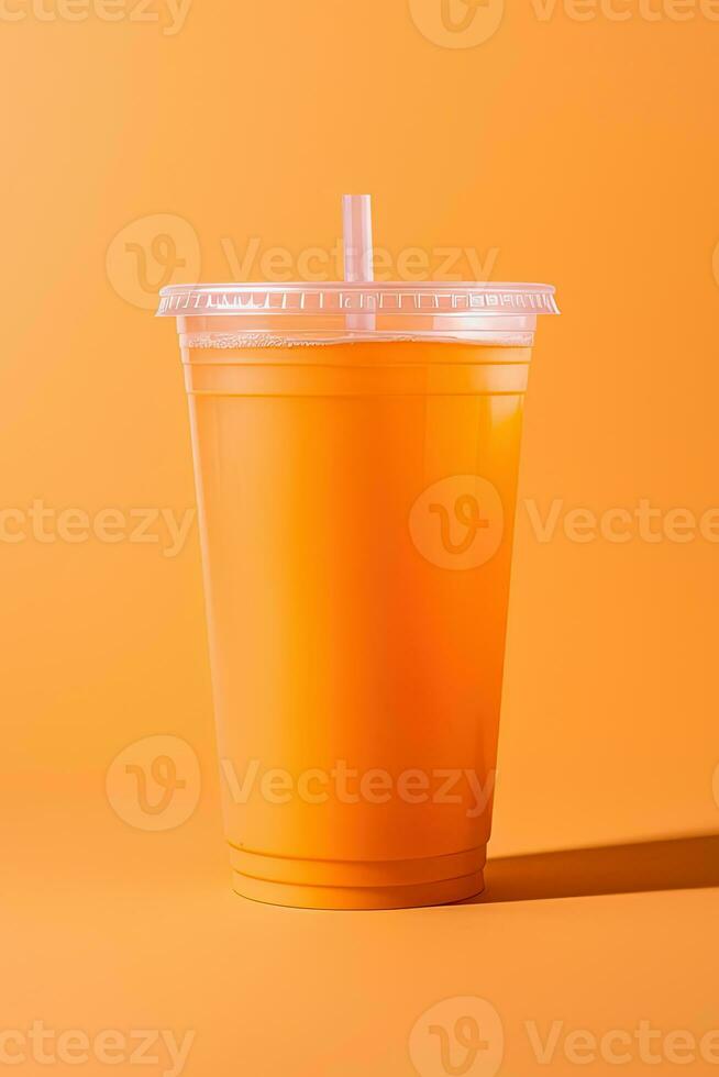 Orange Farbe trinken im ein Plastik Tasse isoliert auf ein Orange Farbe Hintergrund. nehmen Weg Getränke Konzept. ai generiert foto