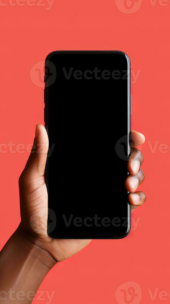 Hand halten Smartphone mit ein schwarz leer Bildschirm isoliert auf ein rot Hintergrund. ai generiert foto