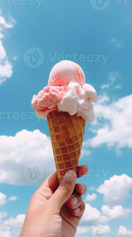Hand halten Erdbeere Eis Sahne mit Kegel isoliert auf ein Blau Himmel und Wolke Hintergrund. ai generiert foto