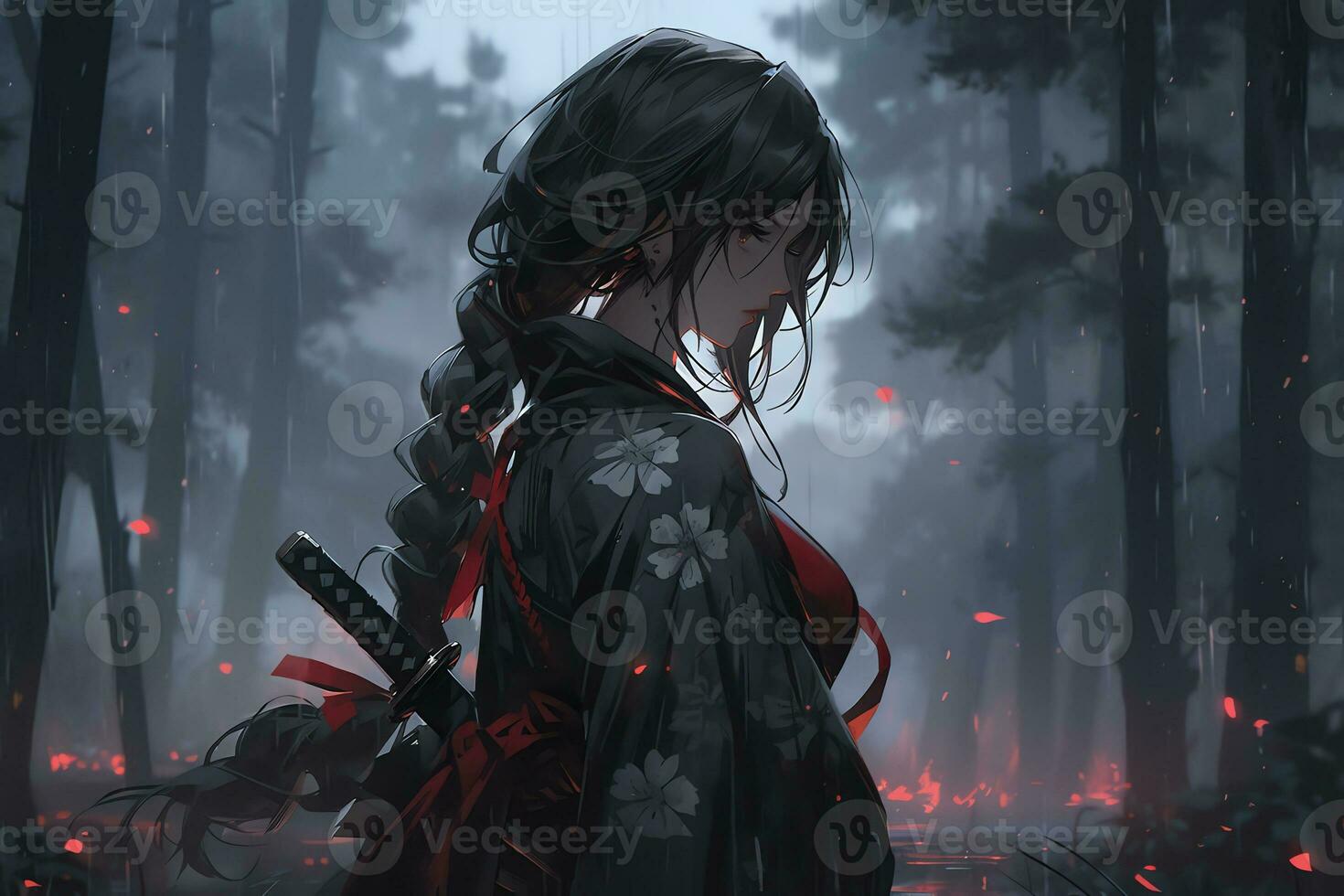 ai generativ Samurai Attentäter Mädchen mit hell Augen im Anime Stil foto