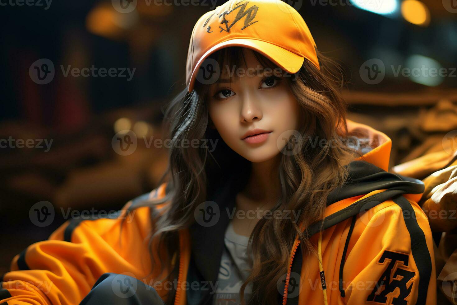 ai generativ schön asiatisch Baseball Mädchen Zahl im beiläufig Outfit foto