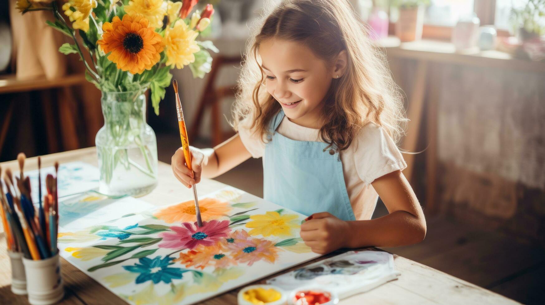 wenig Mädchen Gemälde ein Blume mit Acryl foto