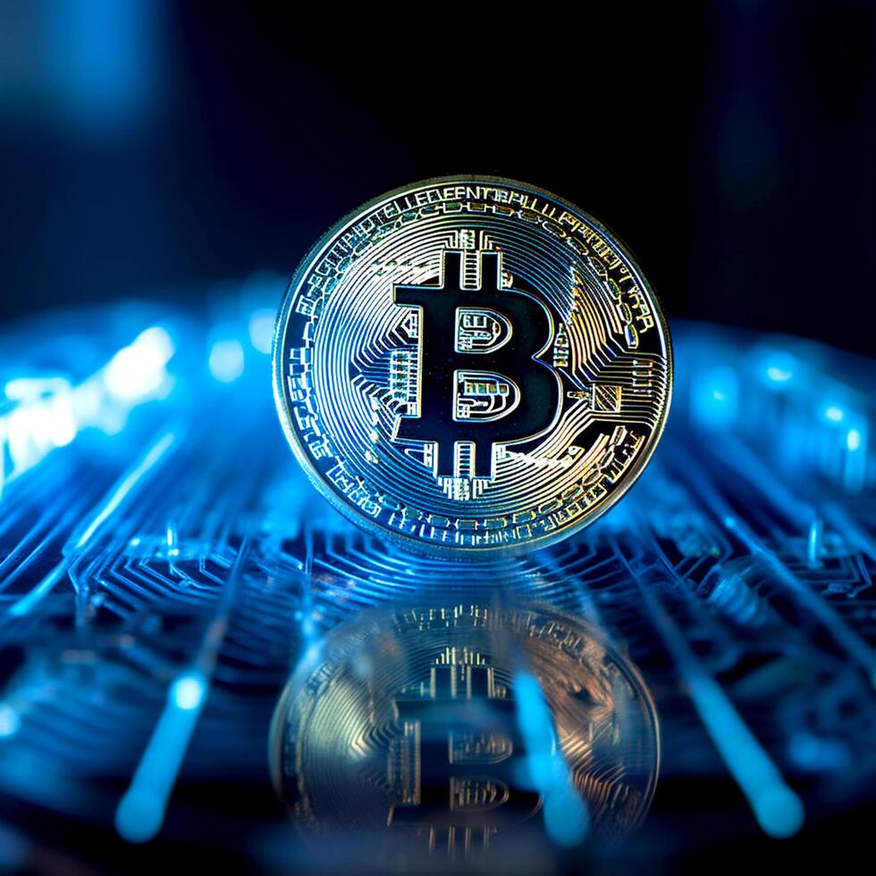 ai generativ ein abstrakt Silber Bitcoin auf ein glühend Blau Schaltkreis Tafel Linien auf ein dunkel Hintergrund foto