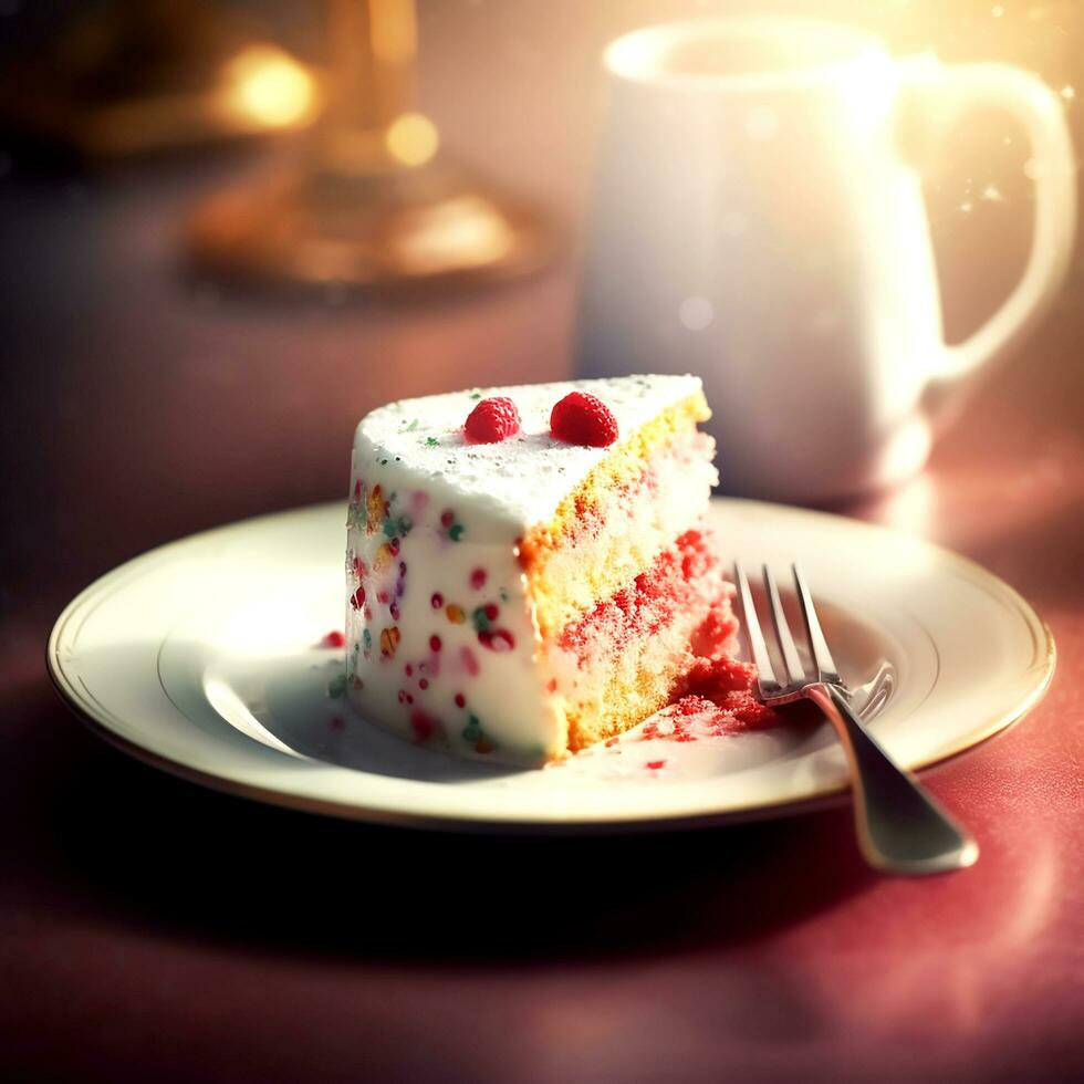 ai generativ ein Scheibe von köstlich geschichtet Schwamm Kuchen mit ein Löffel foto