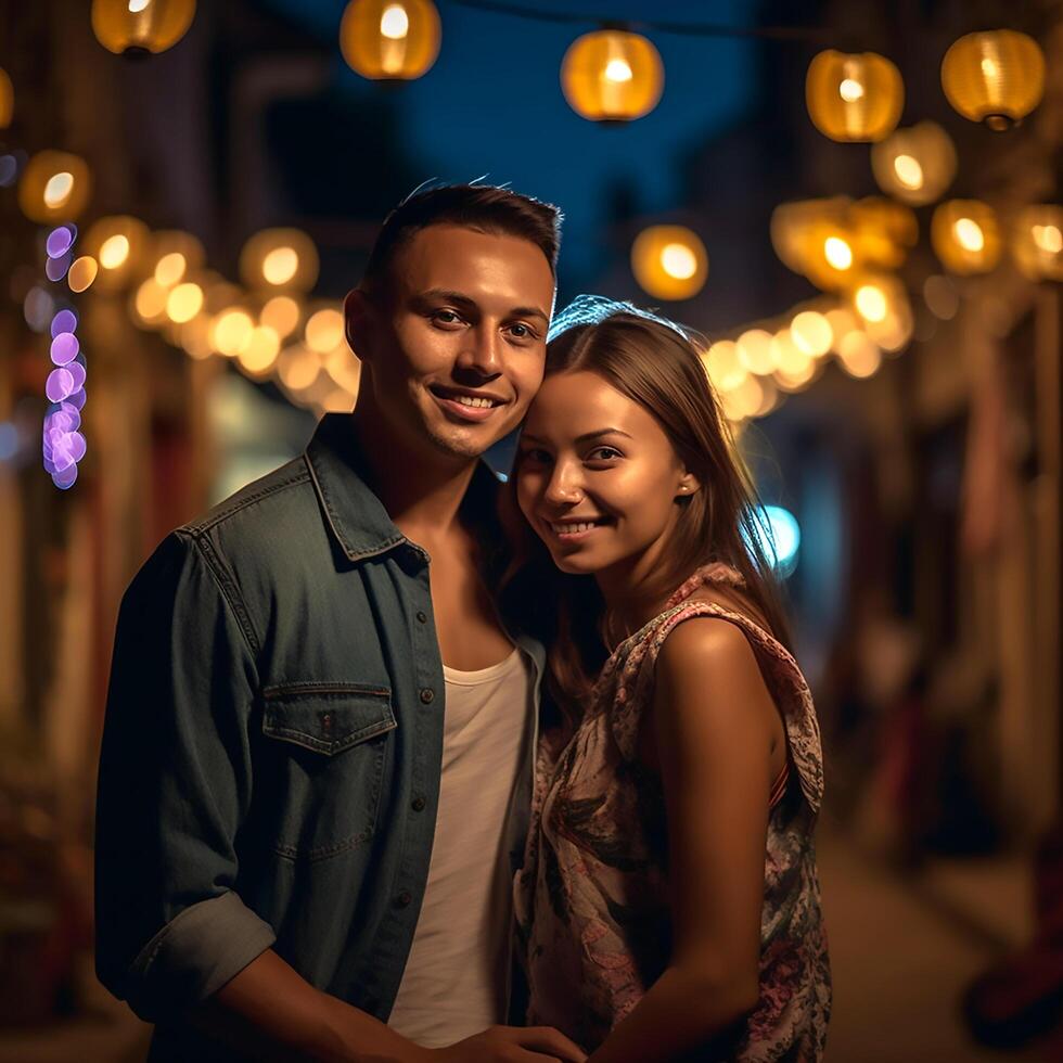 ai generativ schön Paar genießen Liebe draußen mit glühend Glühbirnen foto