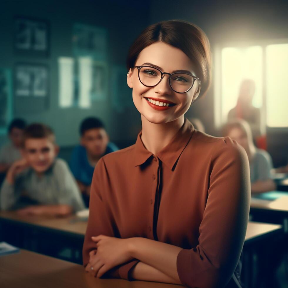 ai generativ lächelnd jung Lehrer im Brille Über das Klassenzimmer Hintergrund foto