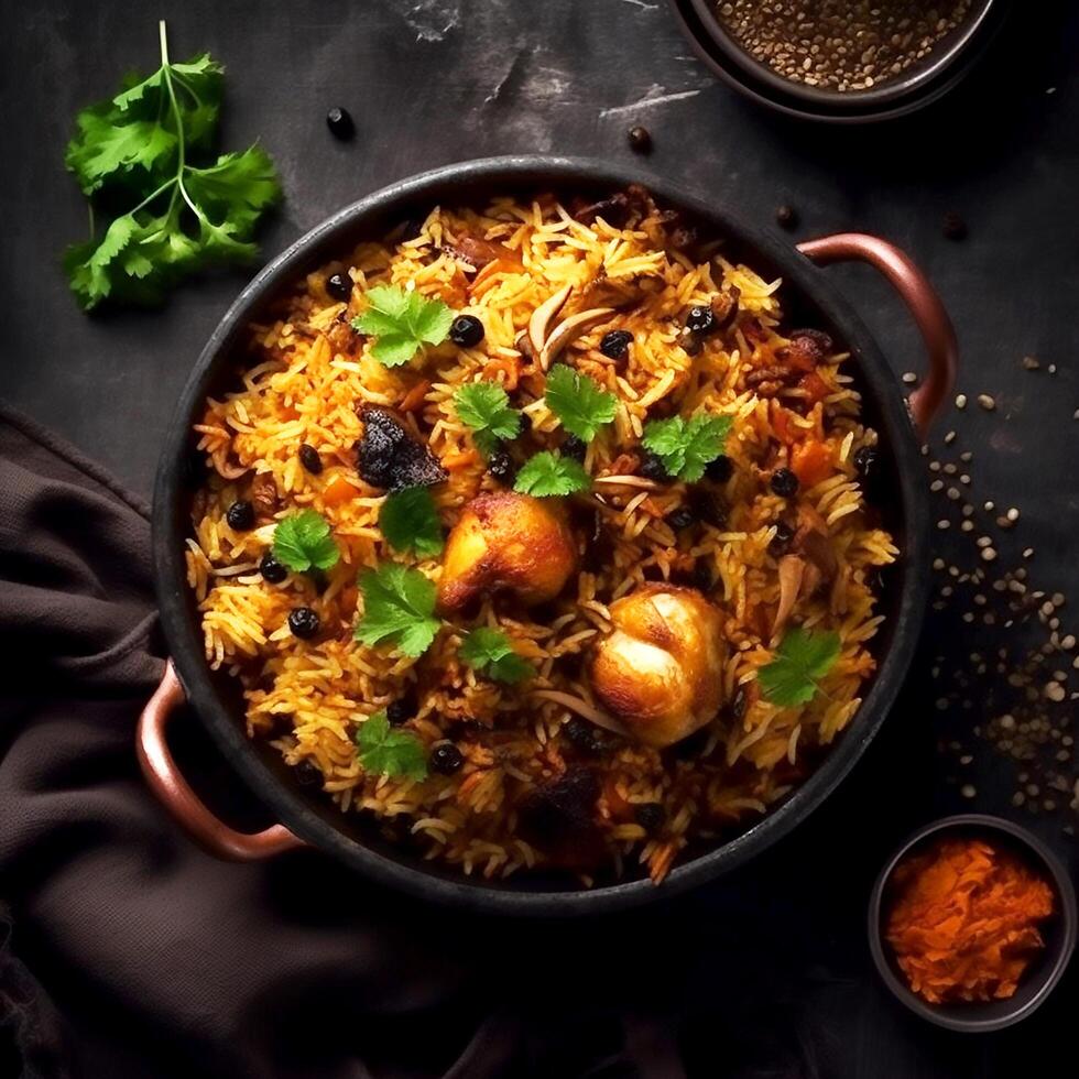 ai generativ köstlich Hähnchen Biryani im schwarz Gericht auf schwarz Tabelle foto