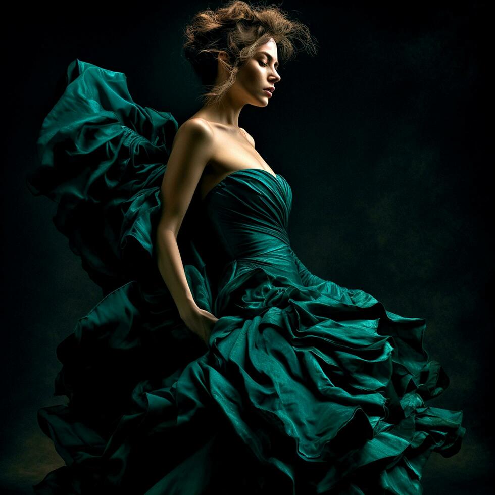 ai generativ ein ziemlich Mädchen im ein elegant Grün gekräuselt Kleid auf ein dunkel Hintergrund foto