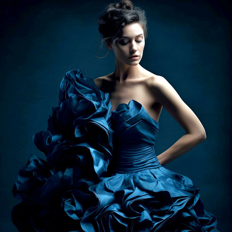 ai generativ ein ziemlich Mädchen Frau posiert zum das Kamera im ein Blau gekräuselt Kleid gegen ein dunkel Hintergrund foto
