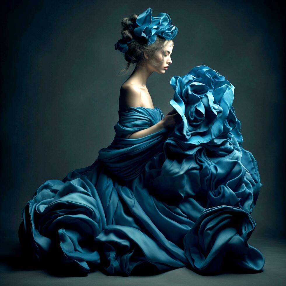 ai generativ ein jung Frau im ein Blau gekräuselt Kleid sitzt auf ein dunkel Hintergrund foto