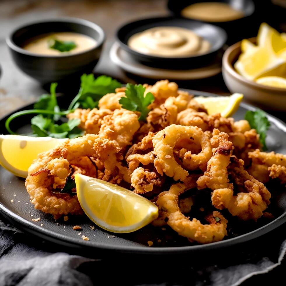 ai generativ ein Teller von golden gebraten Calamari serviert mit ein pikant Zitrone foto