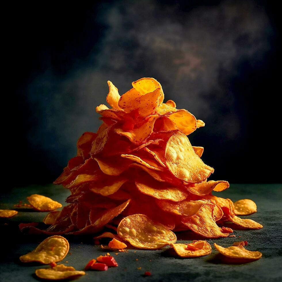 ai generativ ein hoch aufragend von würzig knusprig Kartoffel Chips auf dunkel Hintergrund foto